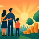 Young American family standing on a hilltop at sunrise with city skyline, trees, and stacks of coins, symbolizing financial freedom and prosperity. Wealth Building for Beginners: Complete Blueprint