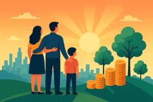Young American family standing on a hilltop at sunrise with city skyline, trees, and stacks of coins, symbolizing financial freedom and prosperity. Wealth Building for Beginners: Complete Blueprint