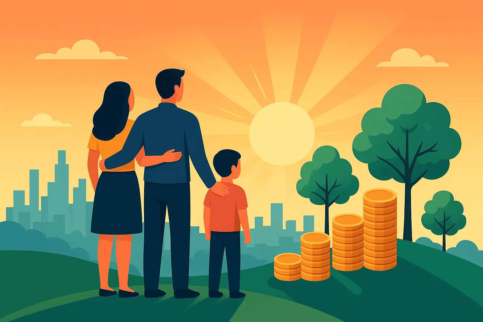 Young American family standing on a hilltop at sunrise with city skyline, trees, and stacks of coins, symbolizing financial freedom and prosperity. Wealth Building for Beginners: Complete Blueprint
