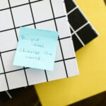 Blue sticky note with motivational quote on grid and solid colored notebooks. 30 Best Business Ideas in USA